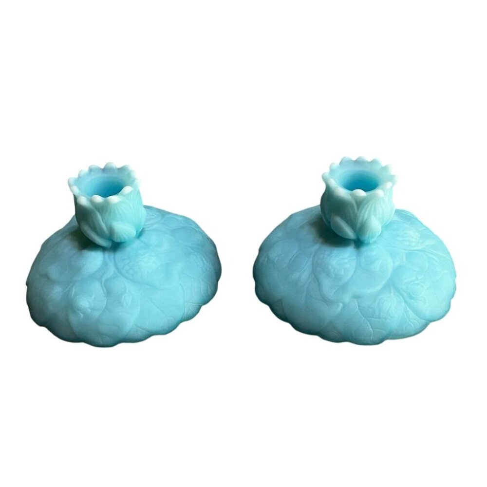 2 Vintage Fenton blue satin glass candleholders with‎ lily of the valley pattern